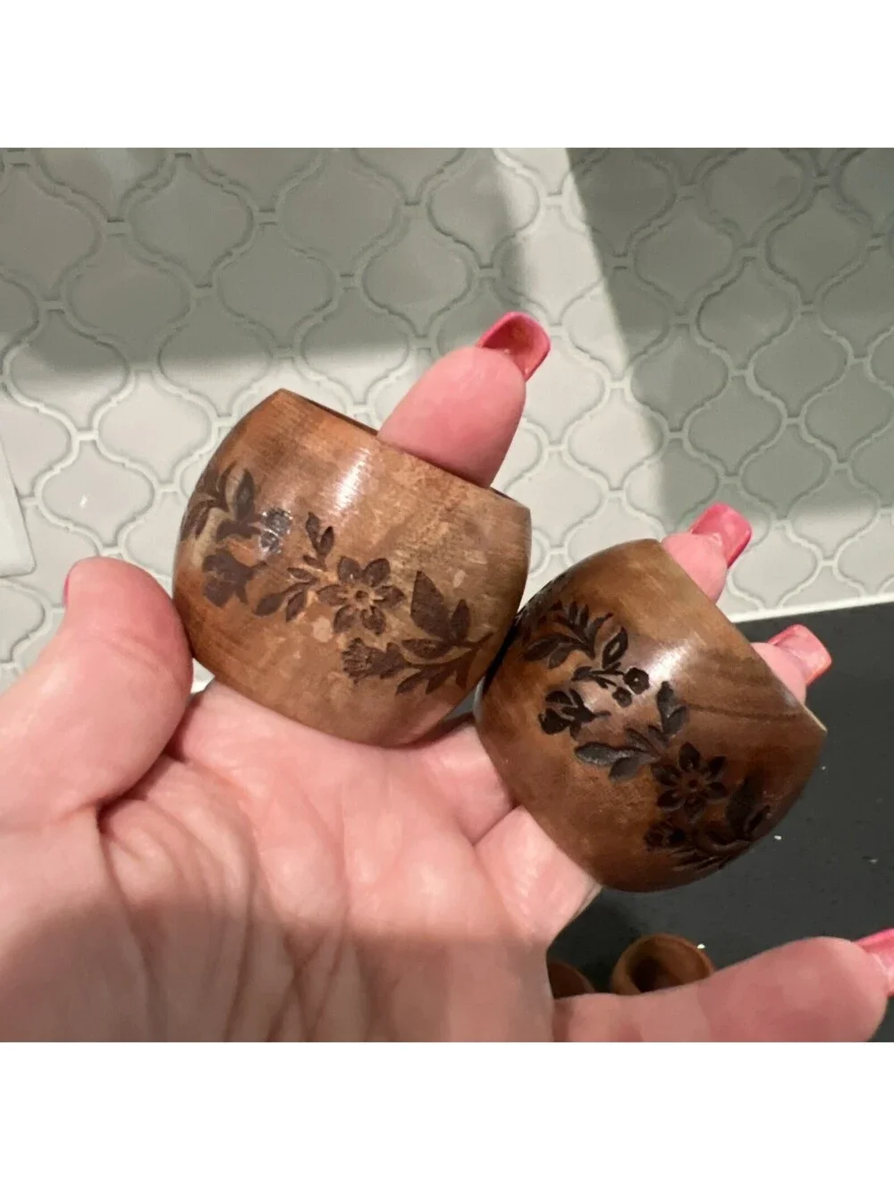 Set of 4 Wooden Napkin Rings Round Wood Table Decor Rustic Farmhouse Floral